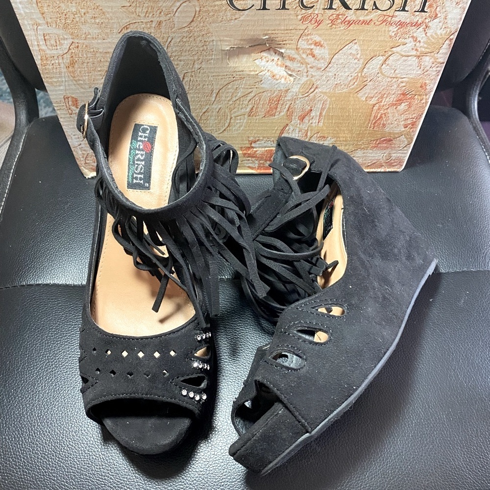 Cherish Black Suede Fringe Peep-Toe Wedge Sandals